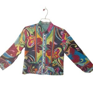 Anu Reversible Quilted Jacket Abstract Floral Silk Blend Teal Iridescent Multi